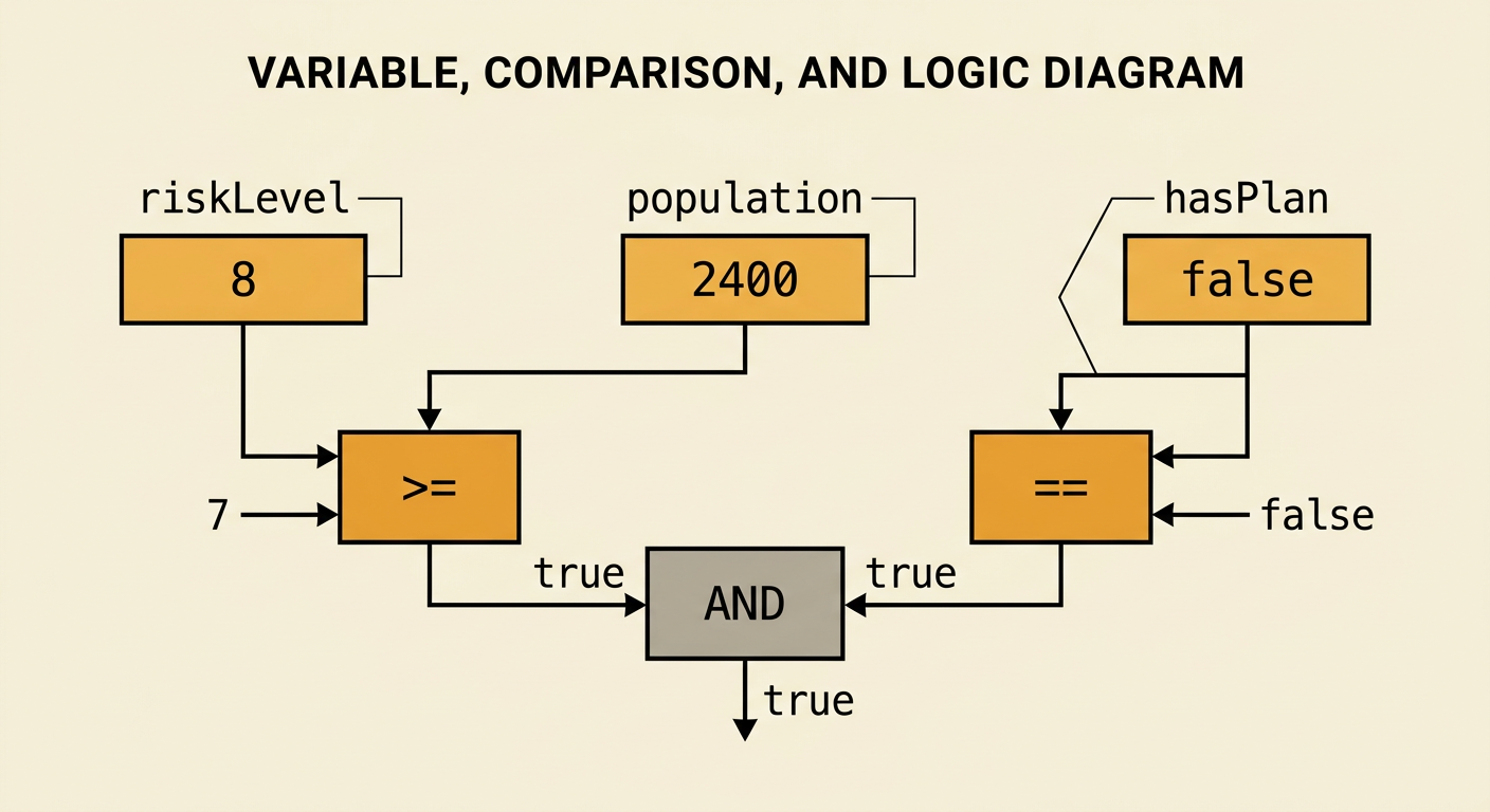 Three labeled variable boxes feed into a condition that checks risk and plan status.