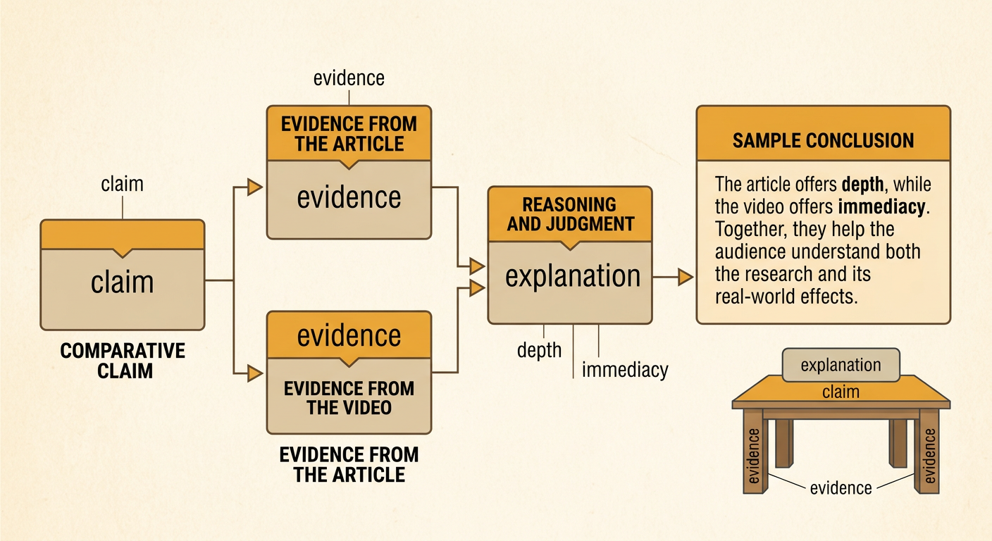 A conclusion organizer connects a claim to evidence from an article and video and then to an explanation.