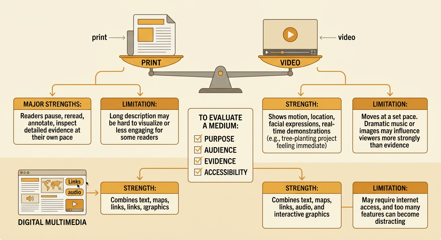 A comparison chart displays the strengths and limitations of print, video, and digital multimedia.