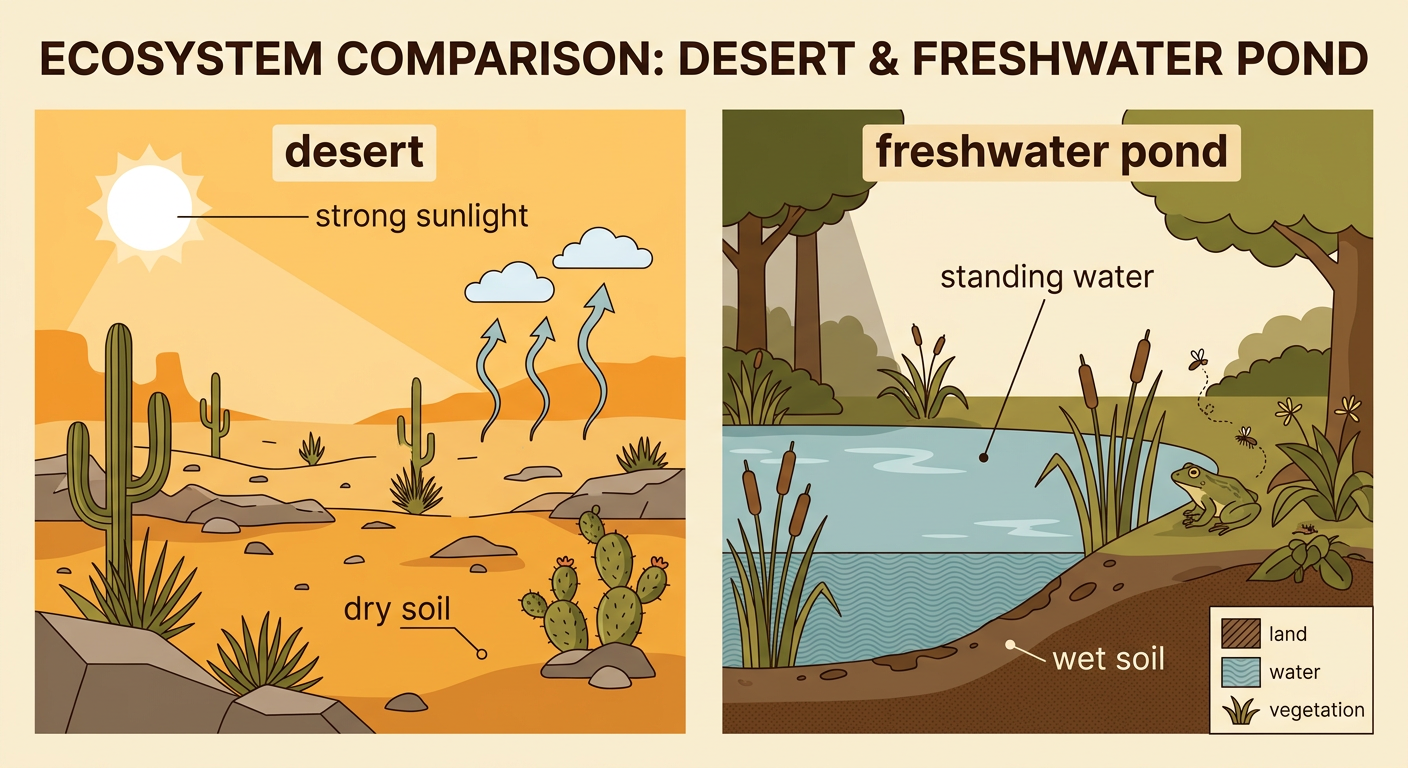 A side-by-side landscape shows a sunny, dry desert and a plant-filled freshwater pond.