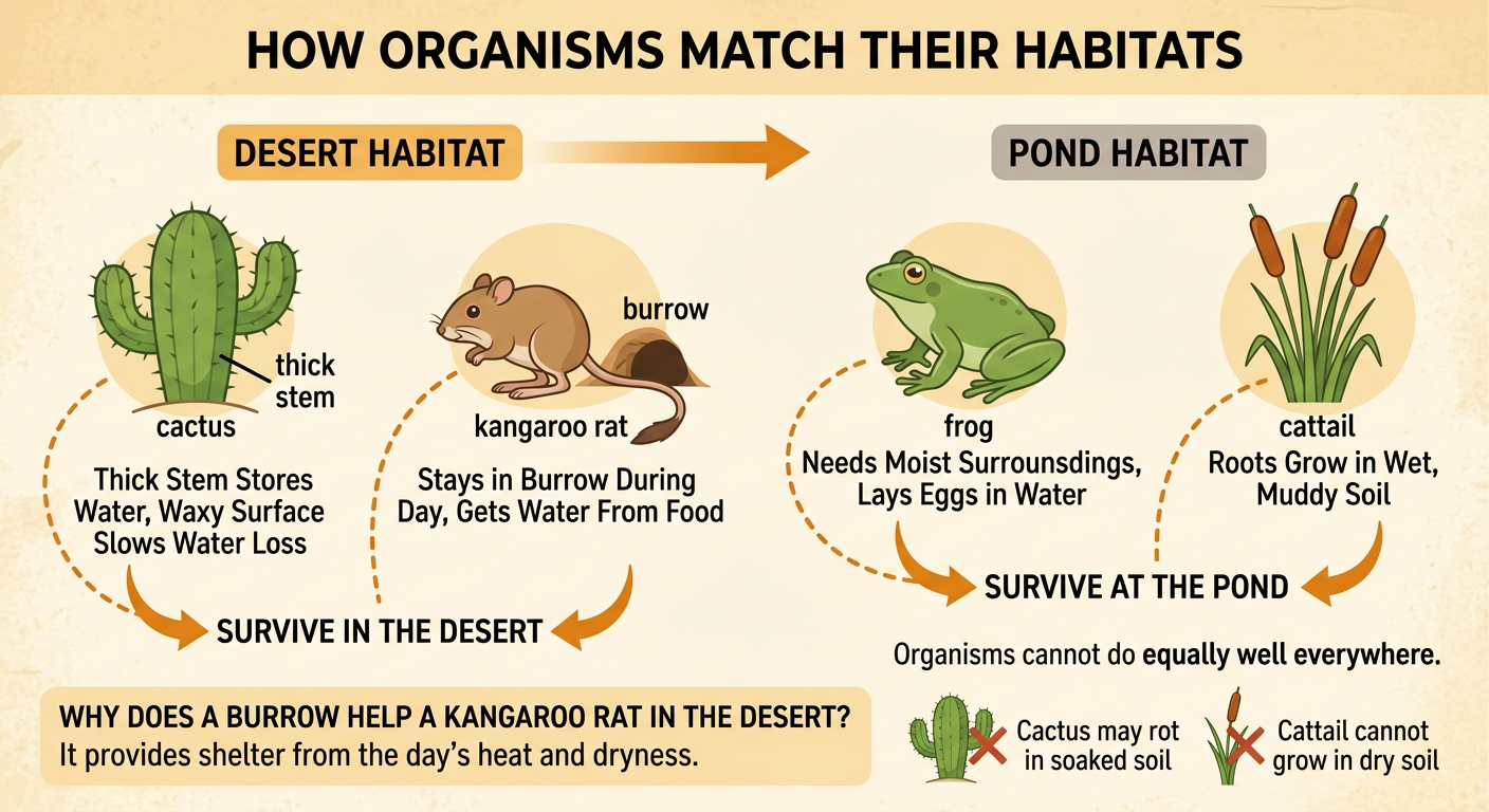 An illustrated matching chart connects desert and pond organisms to helpful body features and shelter.