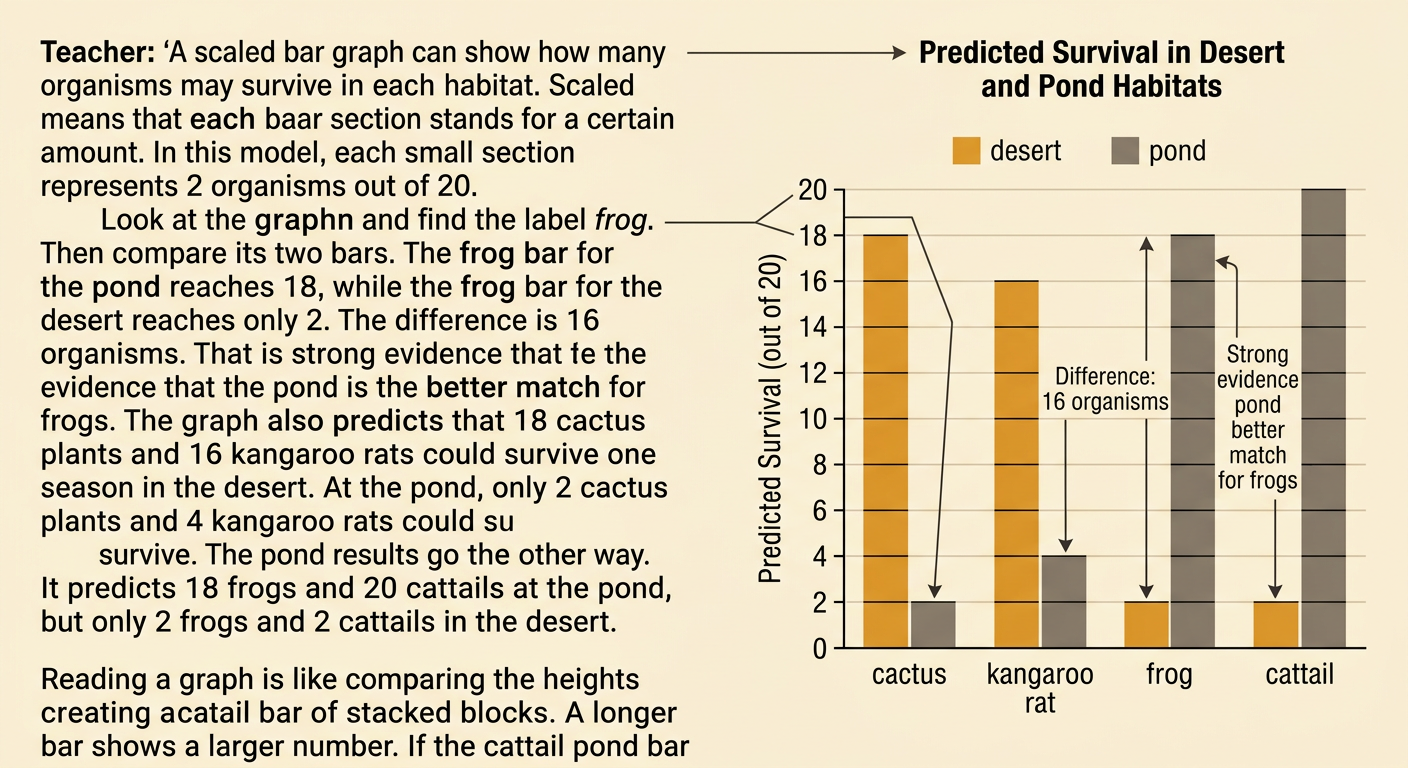 A scaled bar graph compares predicted survival for four organisms in the desert and pond.