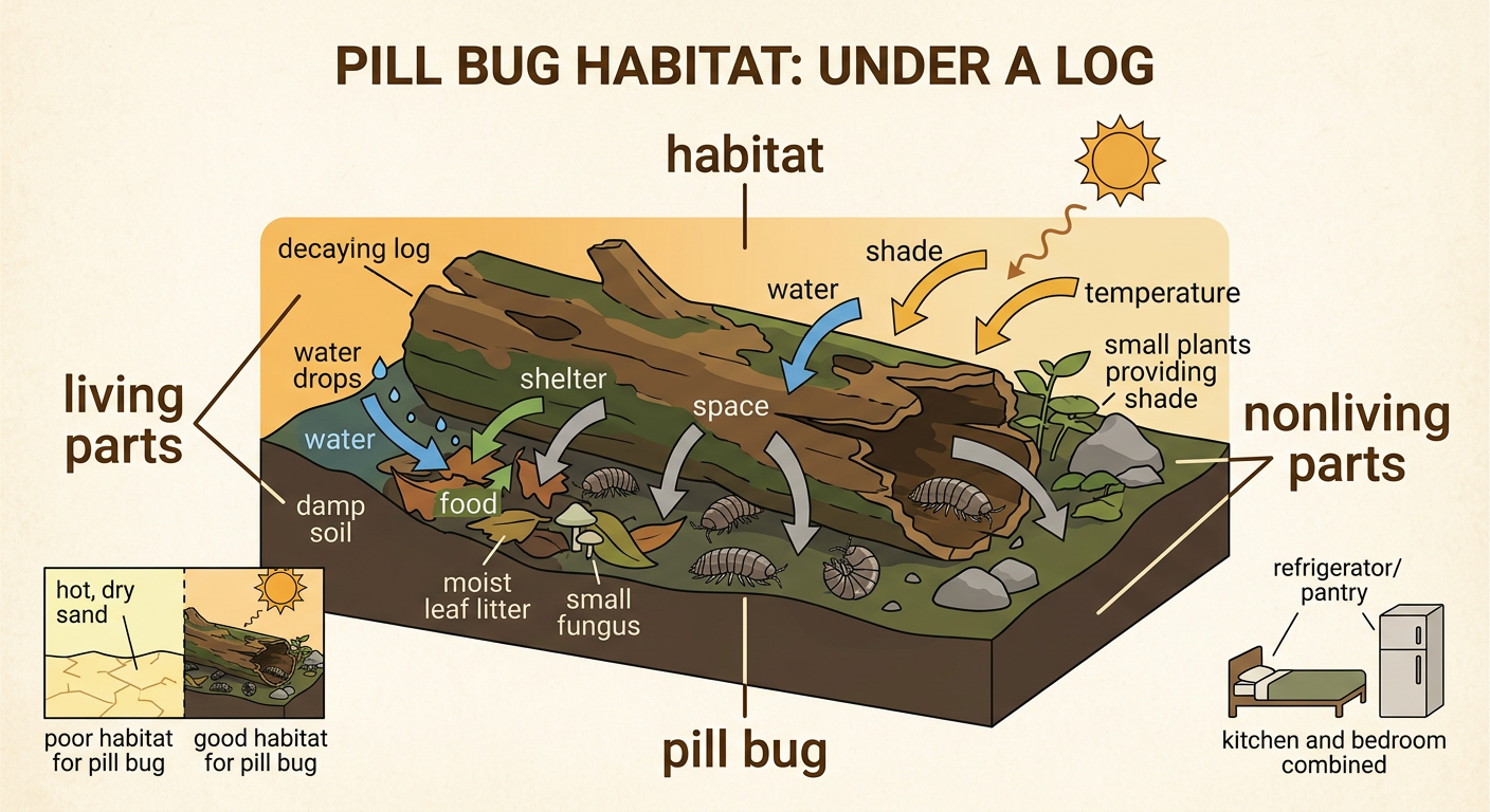 A pill bug rests in the damp habitat under a shaded log beside an area of hot, dry sand.