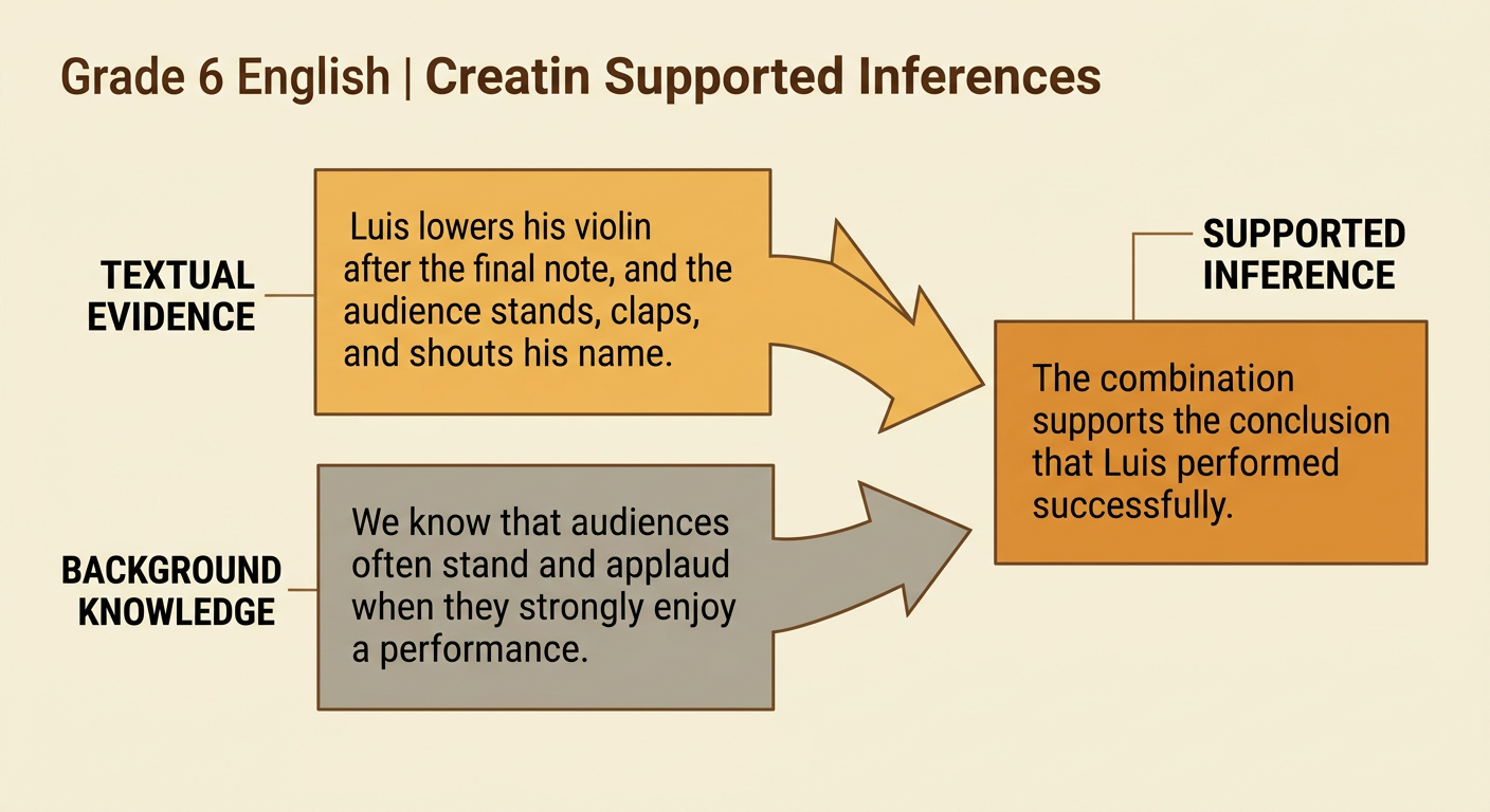 Luis holds a violin before a cheering audience while a simple formula connects story clues and prior knowledge to a conclusion.