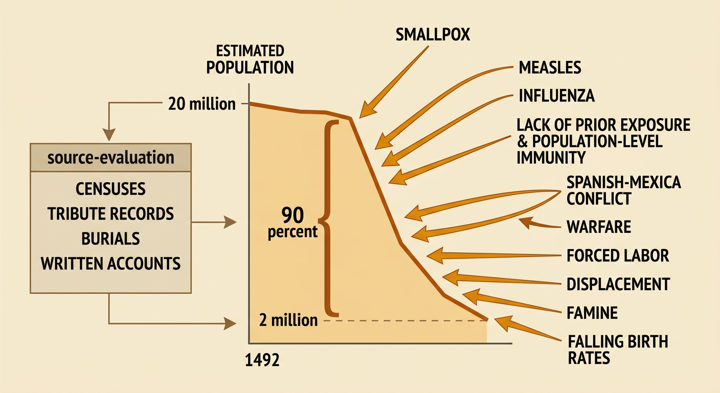 A population graph shows a steep decline beside a scene of the 1520 smallpox epidemic in central Mexico.