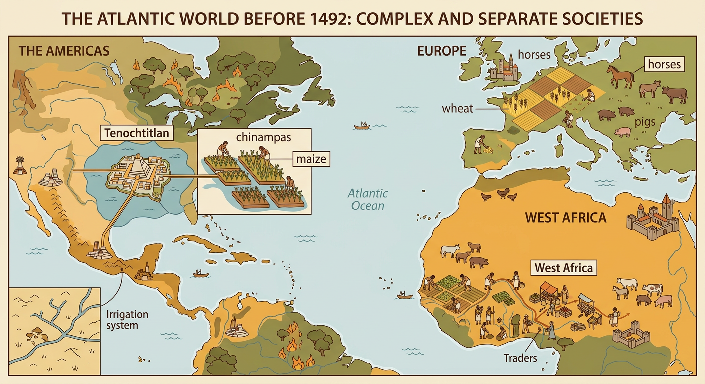 An Atlantic map shows Tenochtitlan and its raised fields alongside European livestock and West African farming and trade.