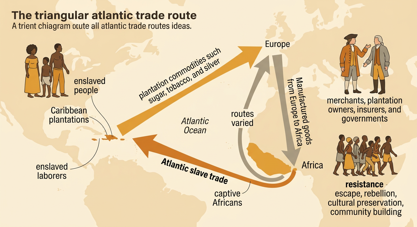 An Atlantic trade scene connects forced migration from Africa with enslaved labor on Caribbean sugar plantations.