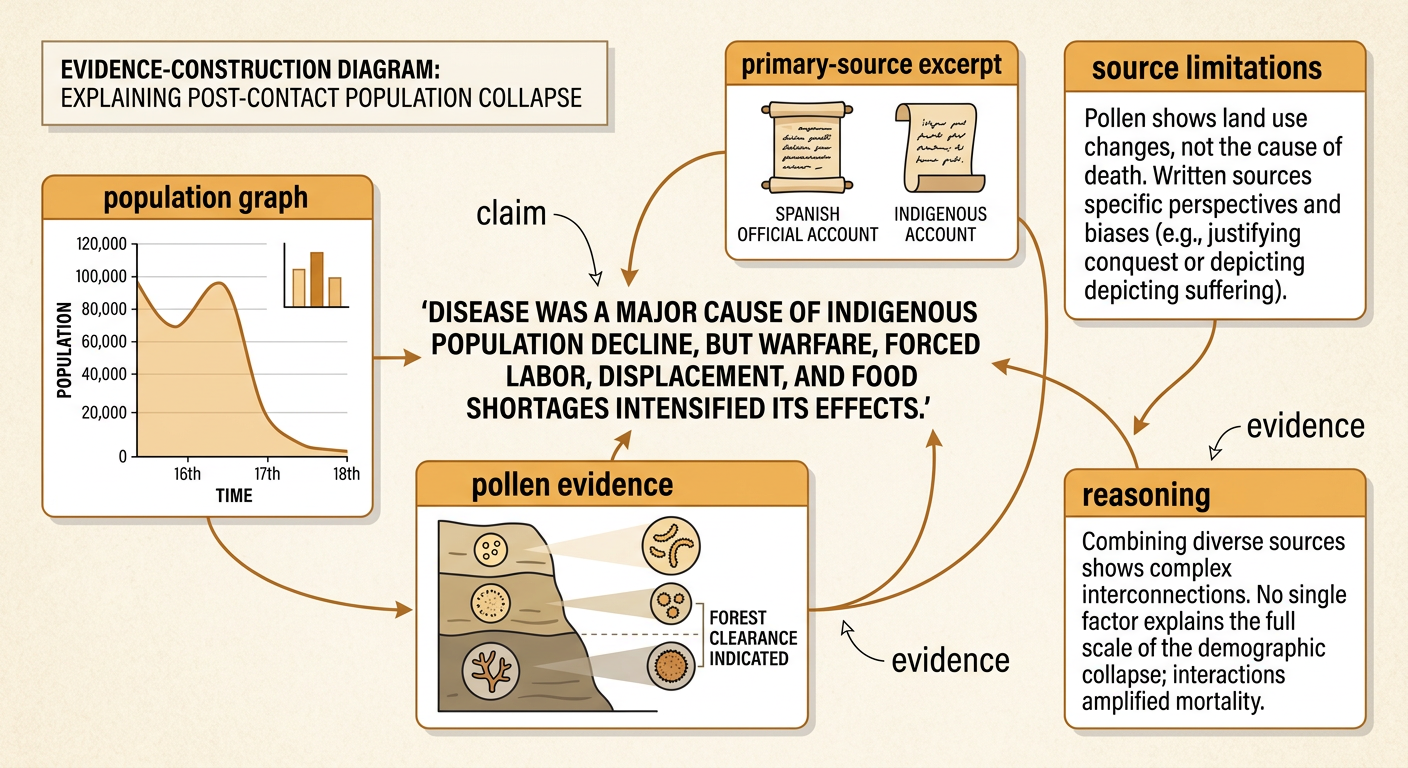 An evidence board connects a written account, population graph, and pollen sample to a historical conclusion.