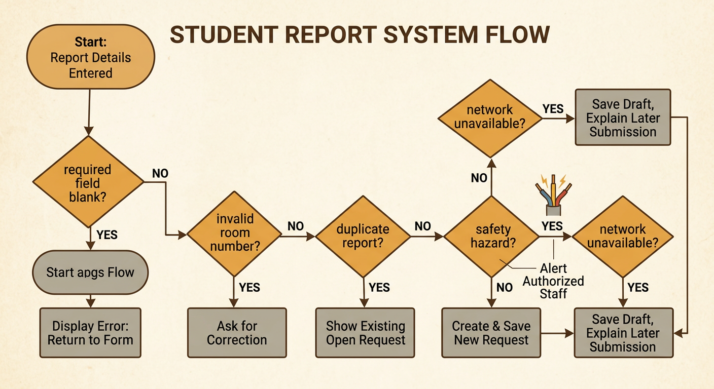 A branching decision diagram routes blank, invalid, duplicate, hazardous, and offline reports to safe outcomes.