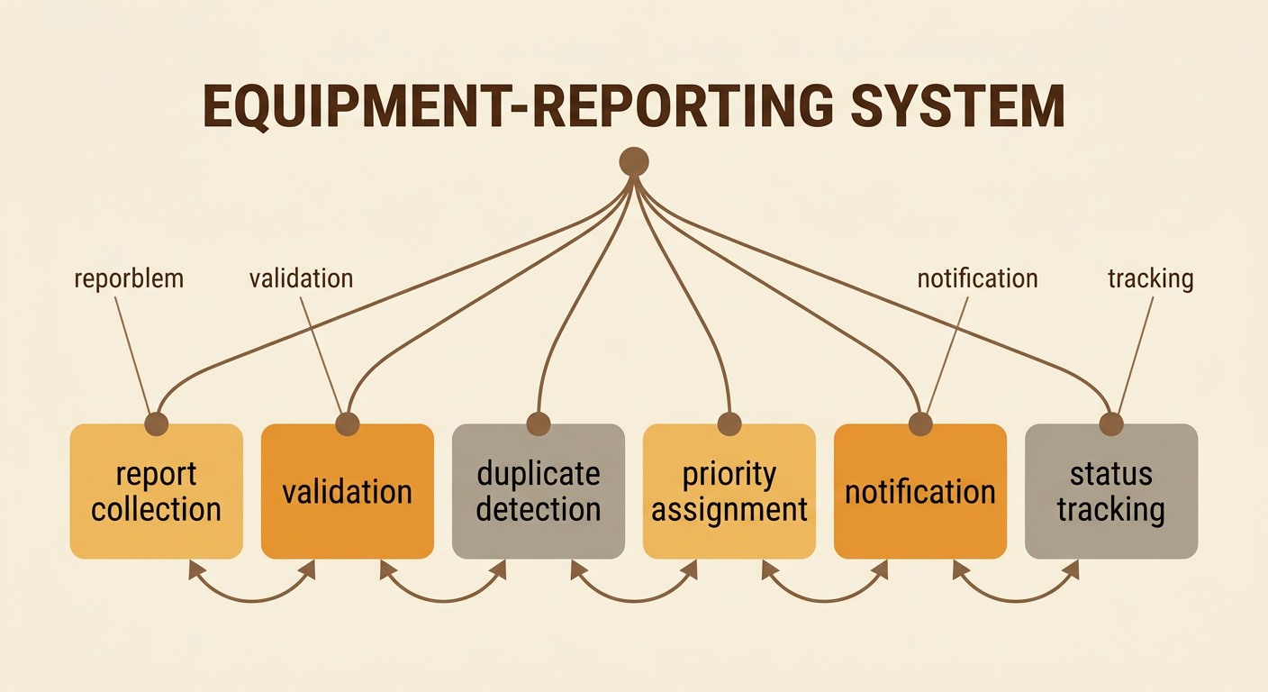 A chain of connected subproblems shows how one equipment report moves through the full process.