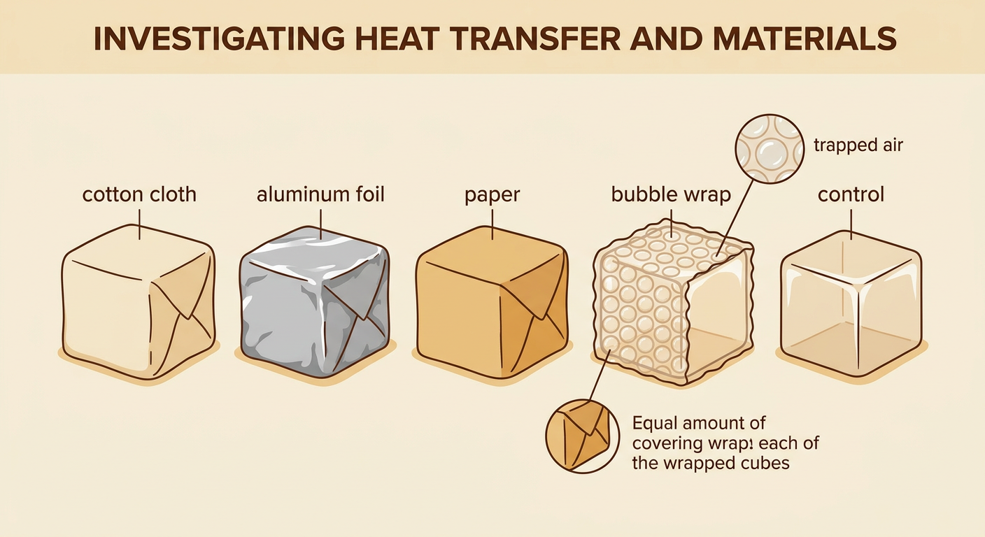 Equal-sized ice cubes sit beside four wrapping materials and one unwrapped control ready for a fair test.
