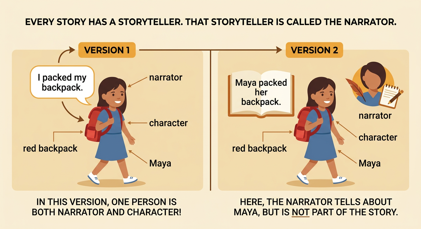 A child with a red backpack tells a story while Maya walks to school in a second story scene.