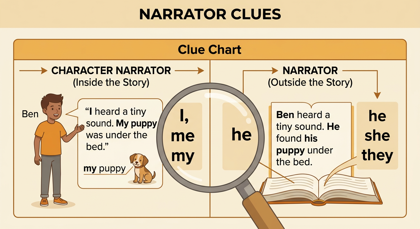 Ben looks under a bed at his puppy as two story bubbles show different narrator clues.