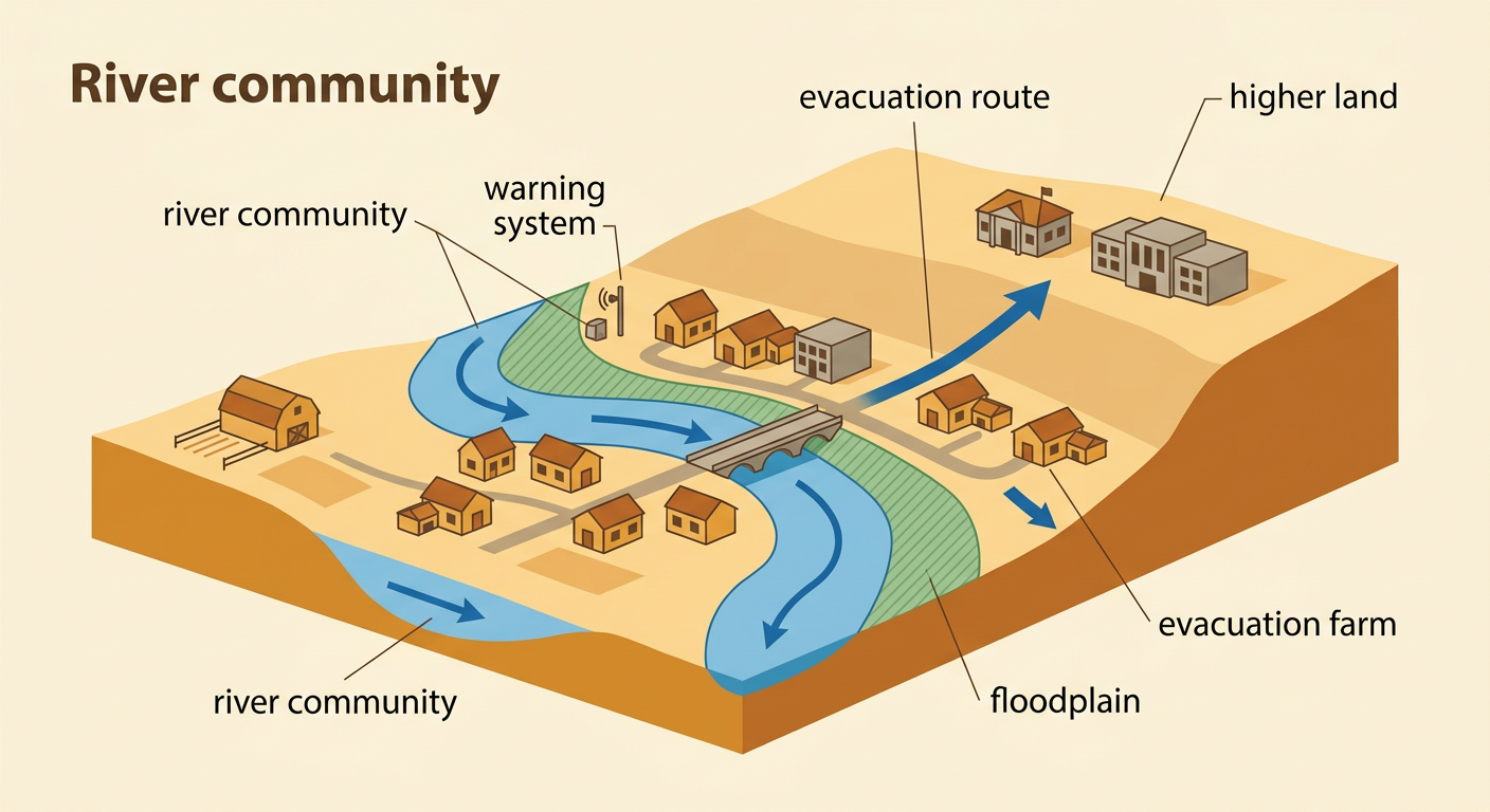 A river community uses water for farms while a flood warning system and evacuation route help residents reach higher land.