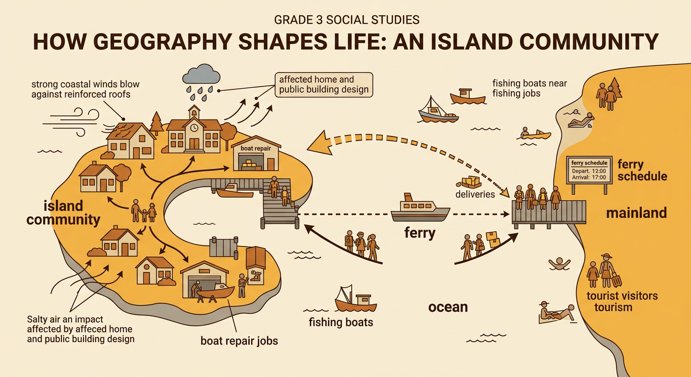 An island community connects to the mainland by ferry while fishing boats and coastal buildings show daily island life.