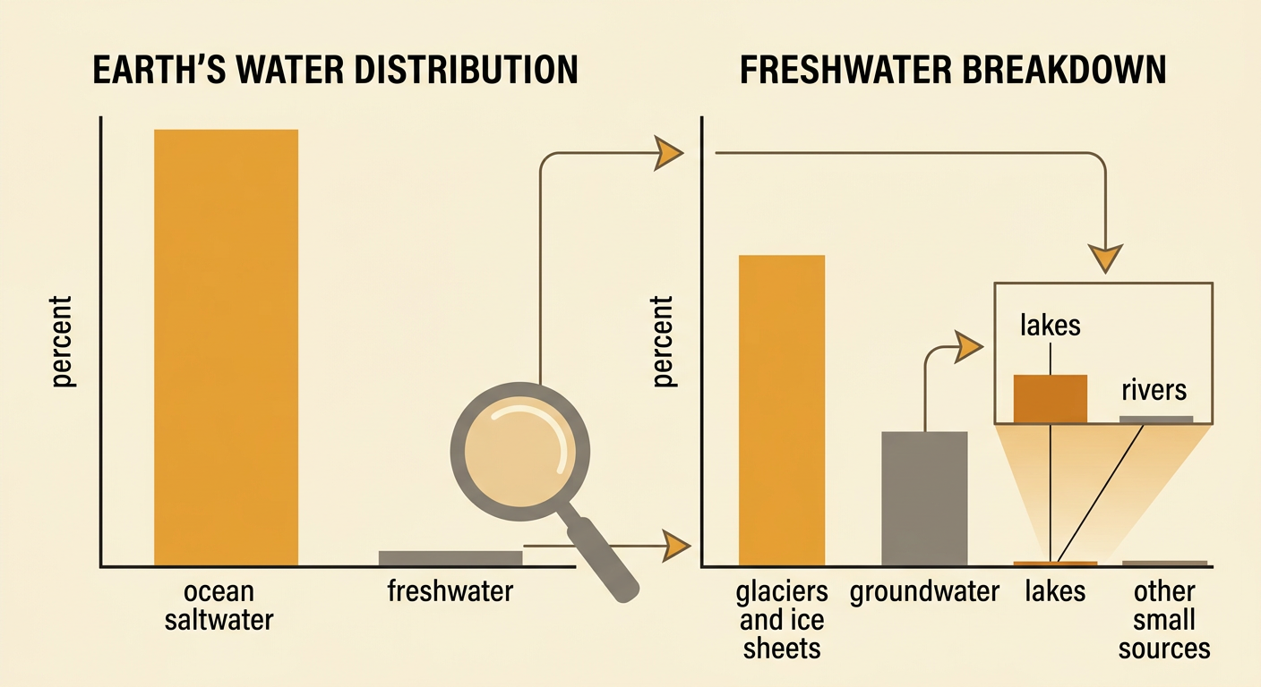 Two bar graphs compare all Earth’s water and then enlarge the freshwater portion to show its three main storage places.