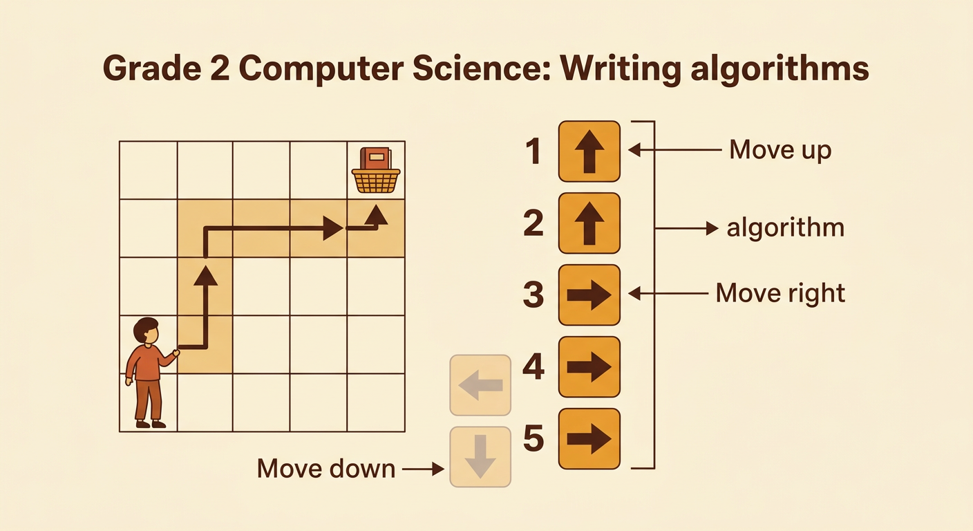 A numbered path on a grid uses two Move up commands followed by three Move right commands to reach the basket.