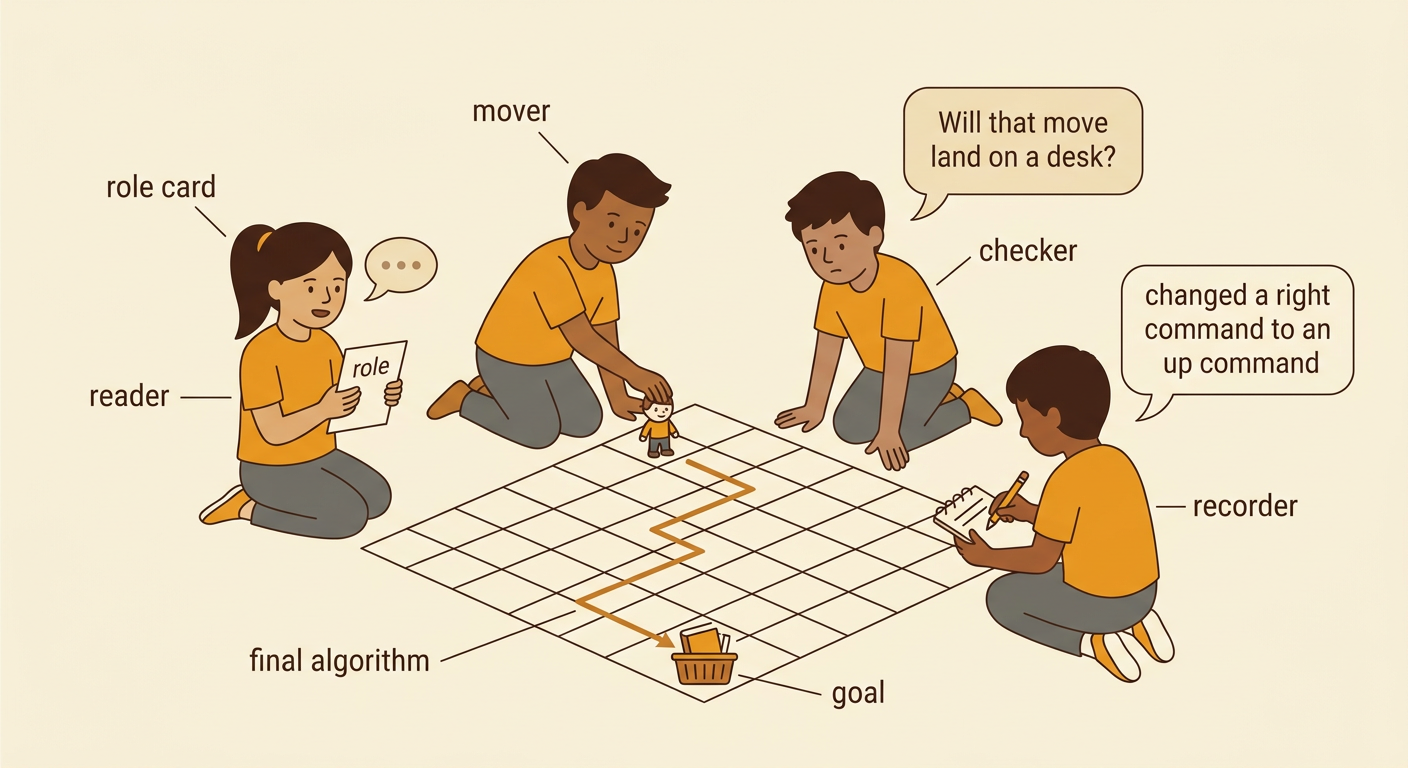 Four teammates perform their roles around a grid while presenting a tested path to the goal.