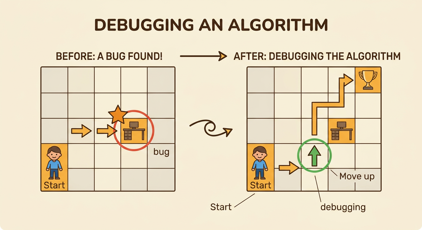 A grid compares a buggy Move right path into a desk with a corrected Move up path around it.