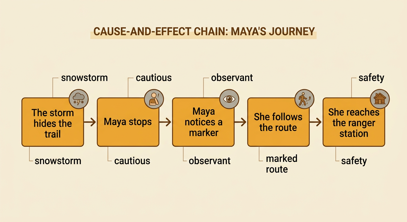 A cause-and-effect chain connects the snowstorm to Maya's cautious and observant actions and finally to safety.