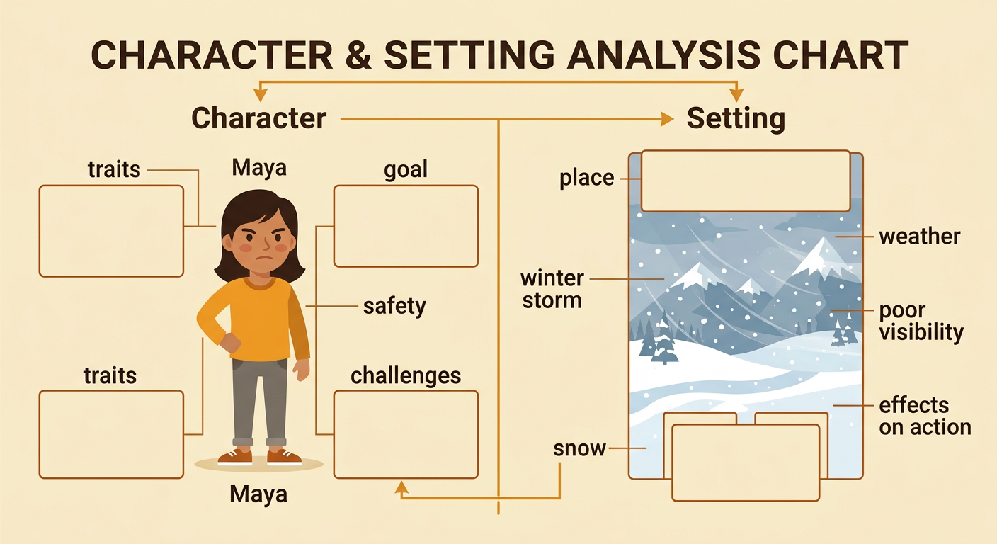 Maya stands in a mountain park during a winter storm as snow and poor visibility block her route to safety.