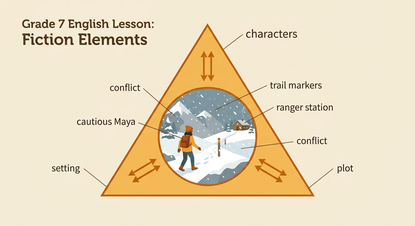 A connected story diagram shows Maya in a snowy mountain park spotting trail markers that lead toward a ranger station.