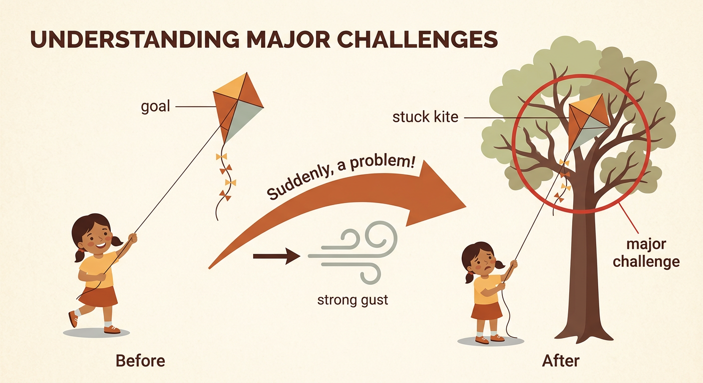 A strong gust has blown Maya's kite into a tall tree, where its string is caught on a branch.