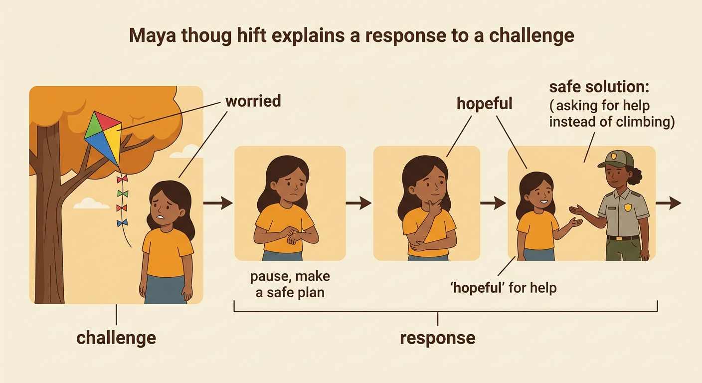 A simple sequence shows Maya's stuck kite, her careful plan, and the park worker helping her.