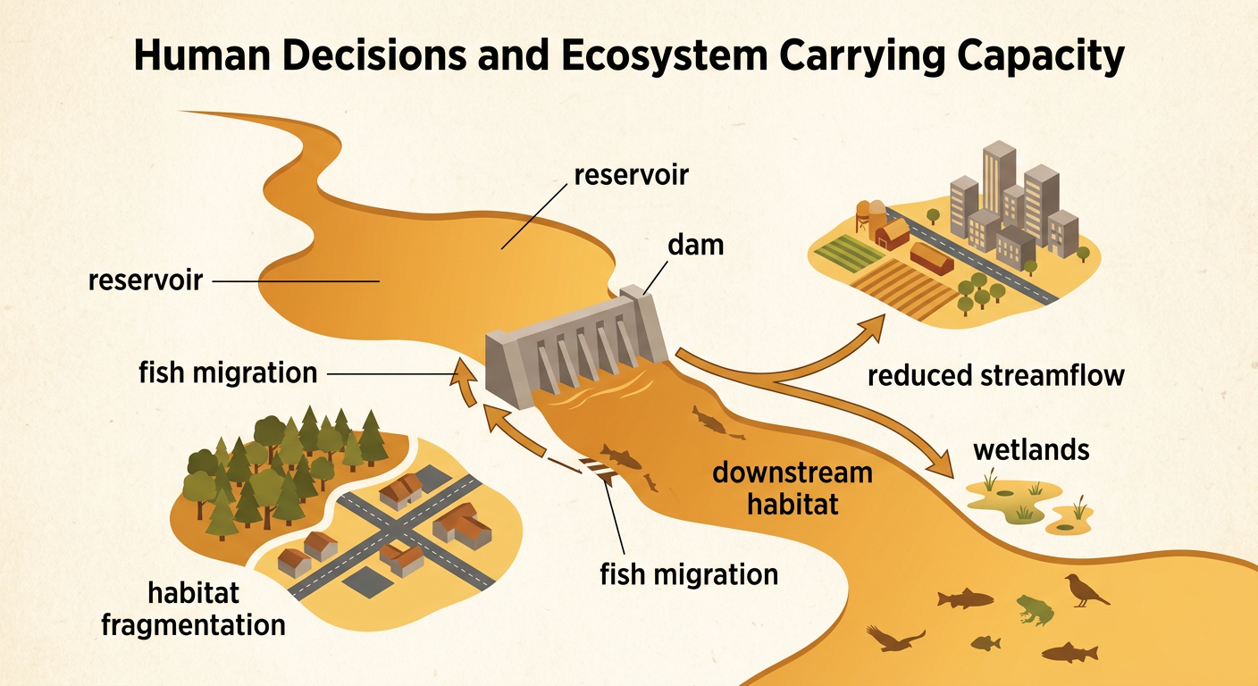 A dam and reservoir diagram shows benefits for electricity and irrigation alongside reduced downstream fish habitat.