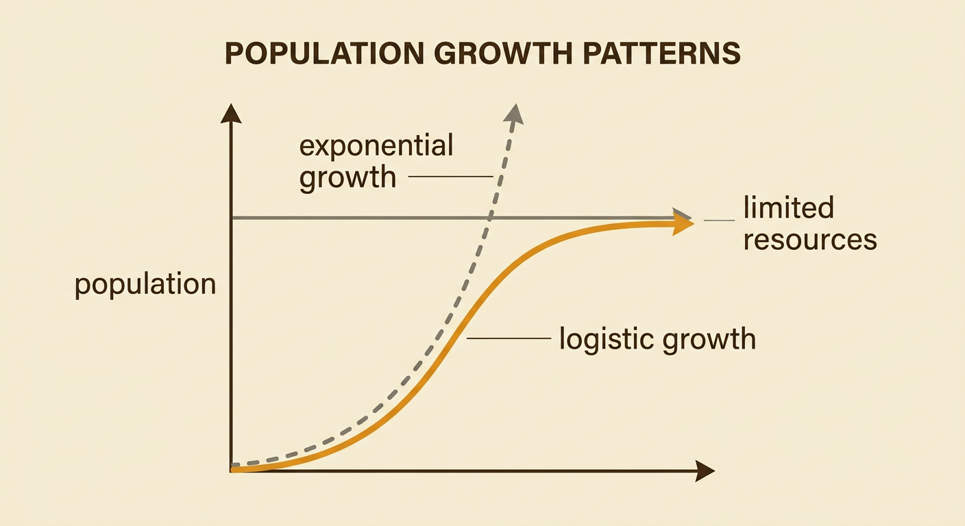 A graph compares a J-shaped deer population curve with an S-shaped curve that levels off as food becomes limited.