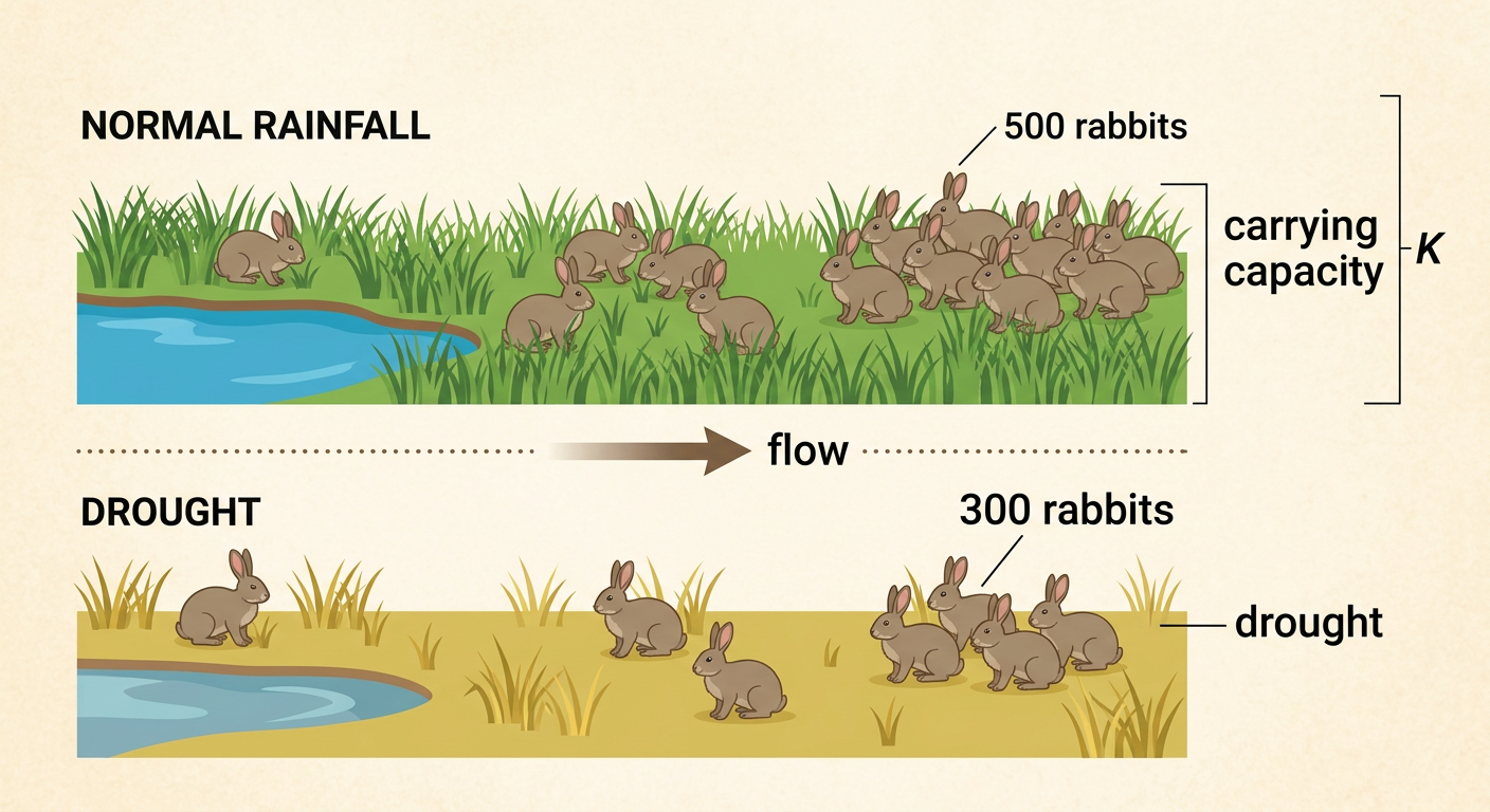 A grassland diagram shows rabbit carrying capacity falling from 500 to 300 during a drought.