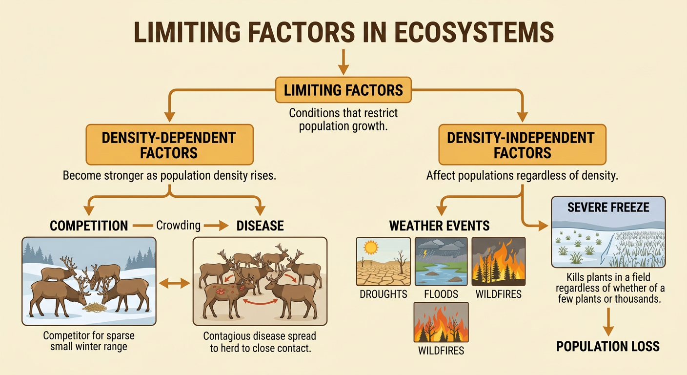 A winter-range ecosystem diagram shows crowded elk facing competition and disease while drought reduces plant growth.