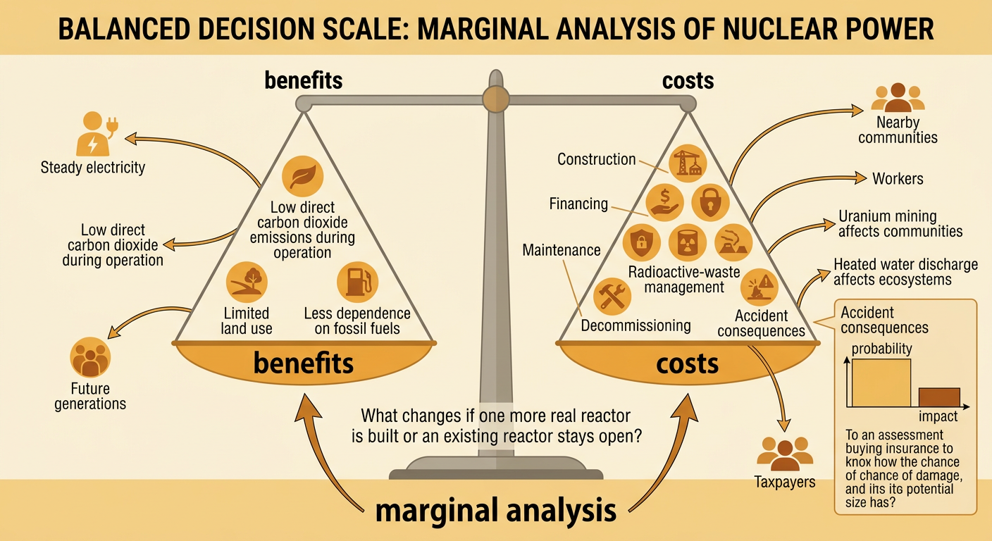 A balance scale compares nuclear power benefits and costs while a risk grid shows probability and impact.