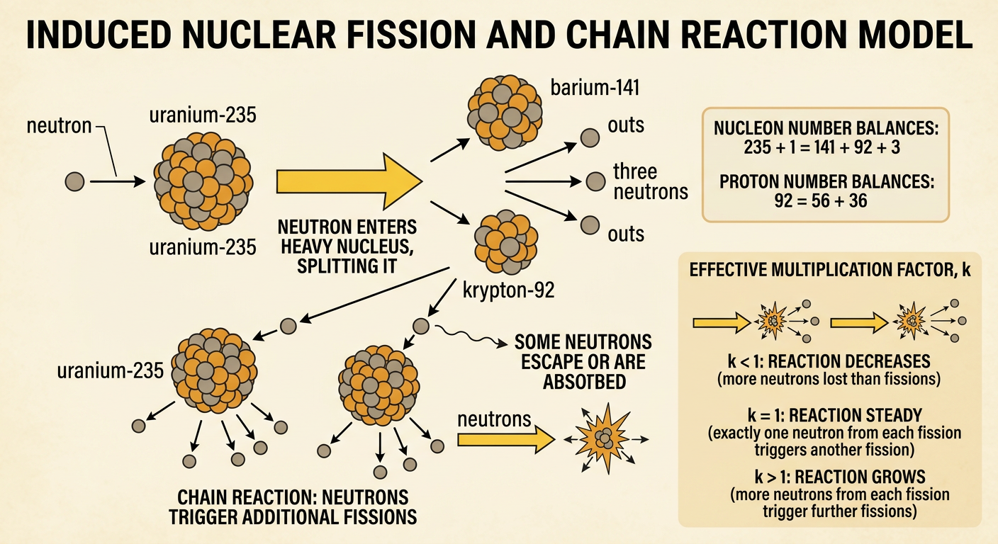 A branching chain-reaction diagram shows uranium-235 splitting into barium-141, krypton-92, and three neutrons.