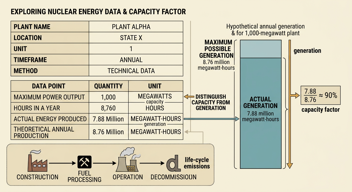 A power-plant data panel compares maximum capacity, actual generation, capacity factor, and life-cycle emissions.