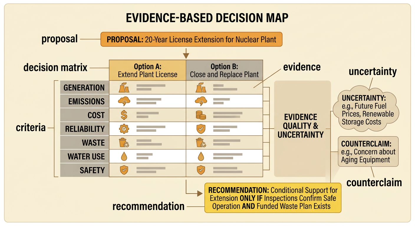 A decision map connects a plant-license proposal to criteria, evidence, uncertainty, a counterclaim, and a conditional recommendation.