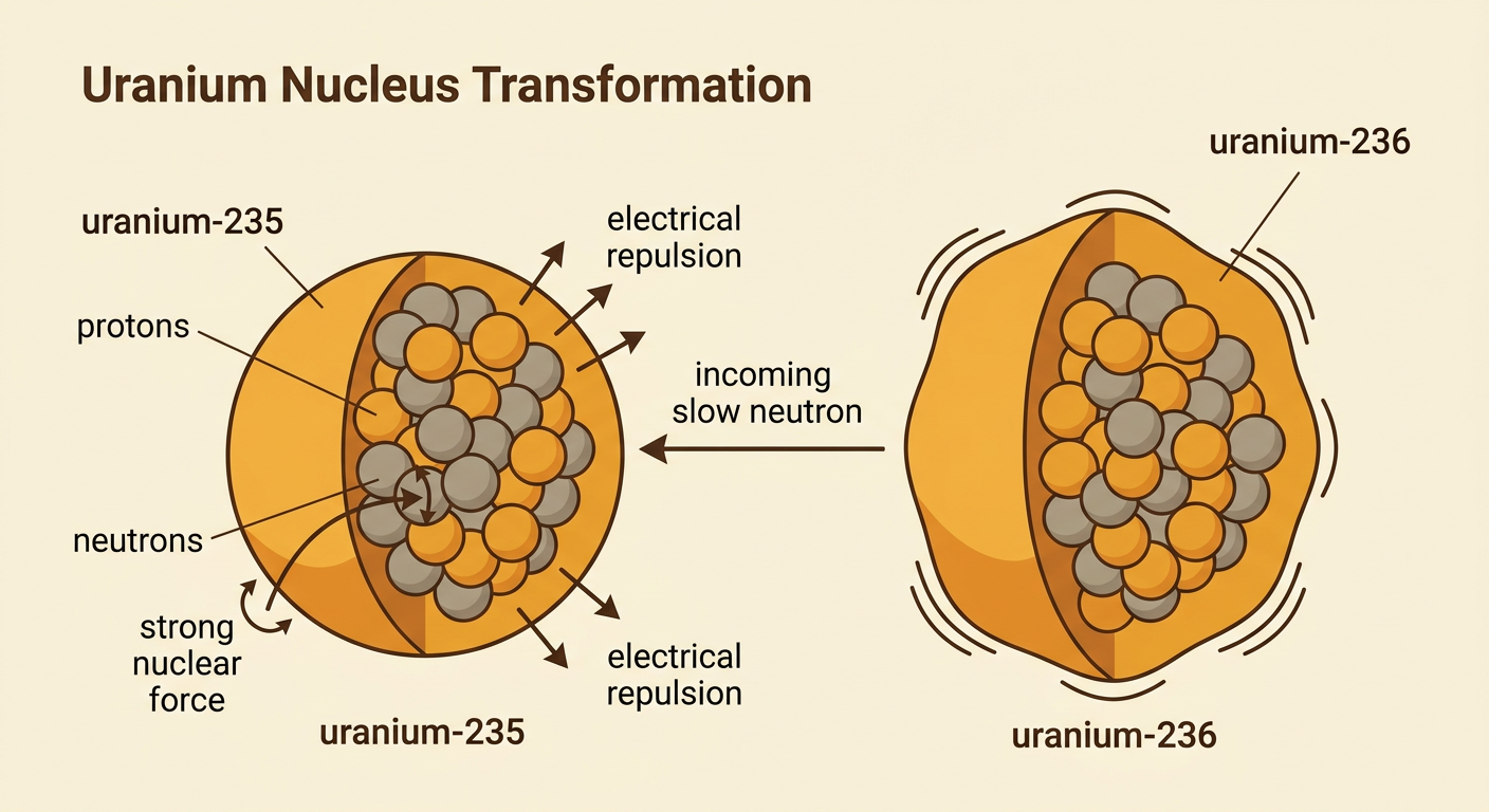 A cutaway nuclear model shows uranium-235 absorbing a neutron and becoming a deformed uranium-236 nucleus.