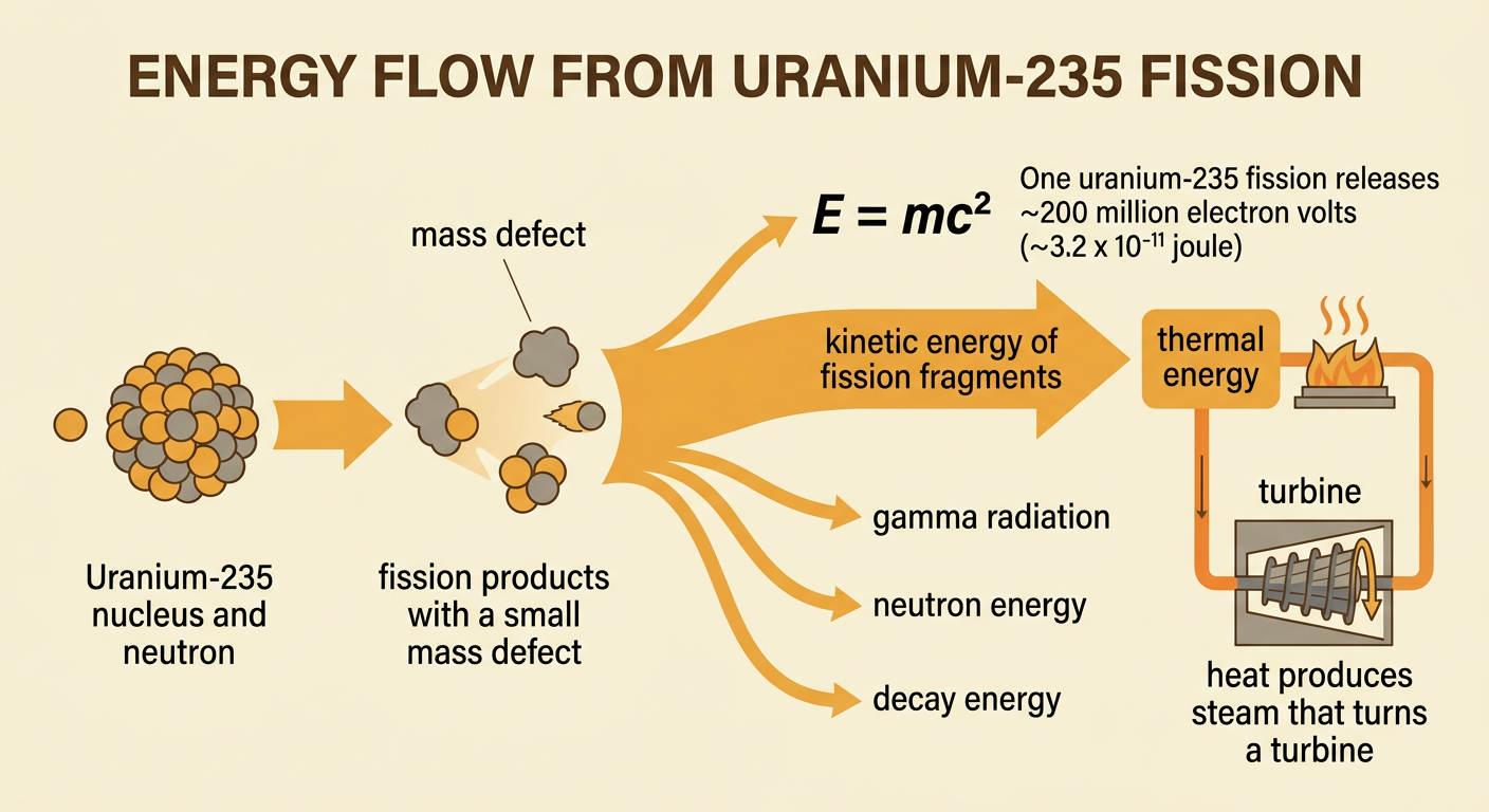 An energy-flow diagram traces mass defect through fragment motion and heat to a steam-driven turbine.