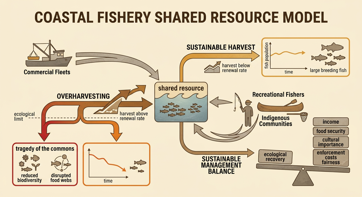 A coastal fishery diagram shows several groups harvesting from one fish population while use rises above the resource's recovery capacity.