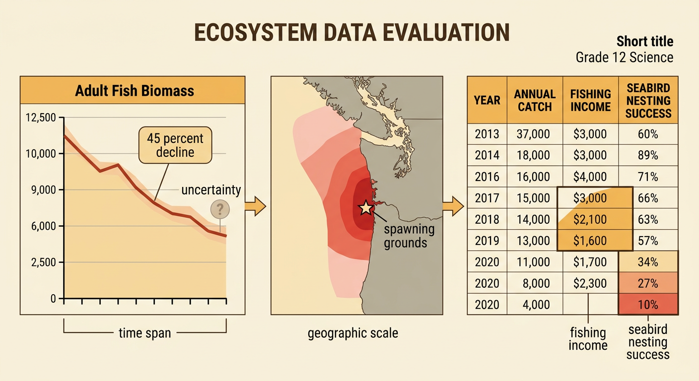 A combined scientific evidence display shows a biomass graph, a spawning-ground map, a seabird table, and a fishing-income trend.