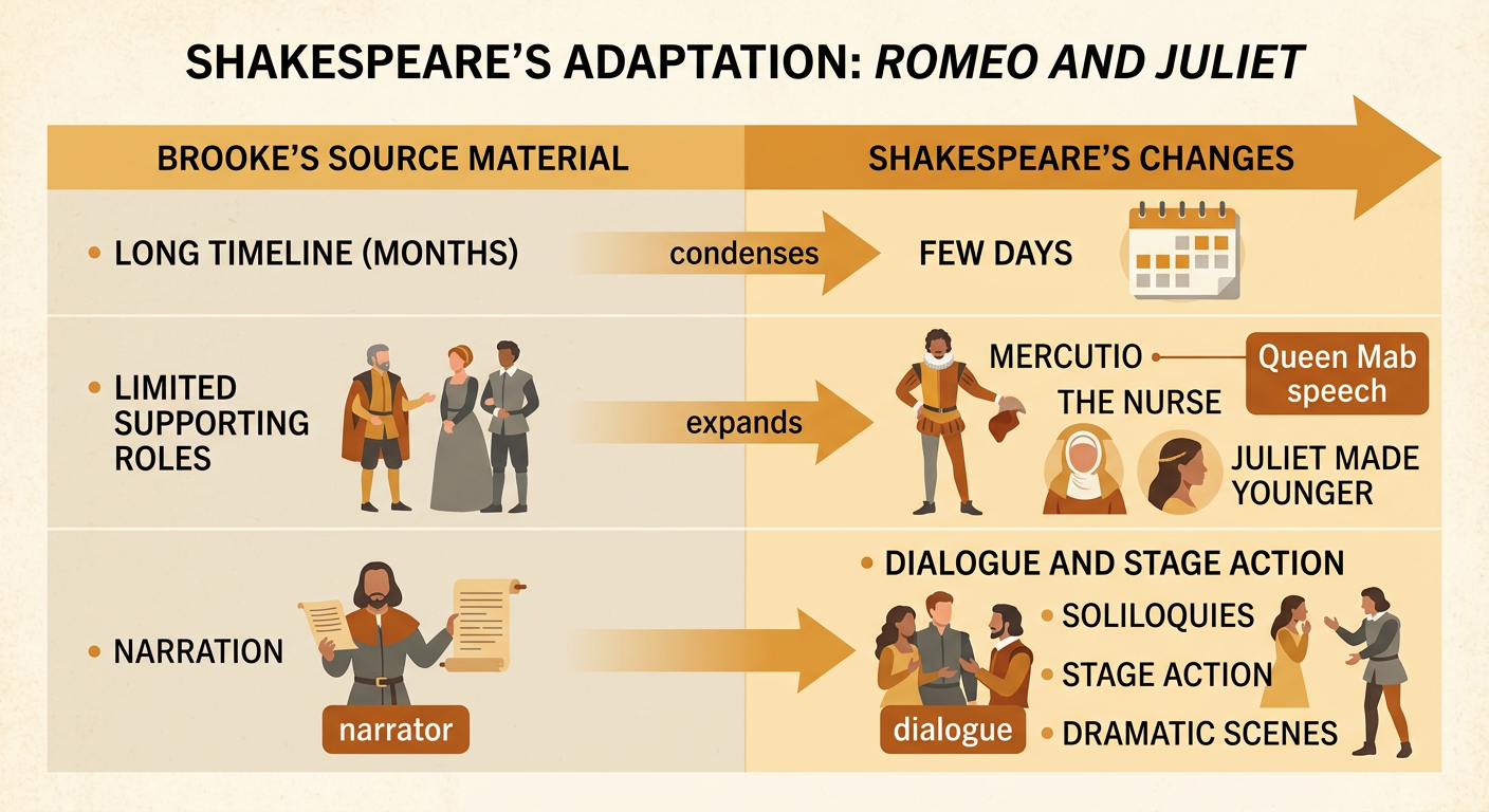 A change chart shows Shakespeare condensing the timeline, expanding Mercutio, and replacing narration with spoken dramatic scenes.