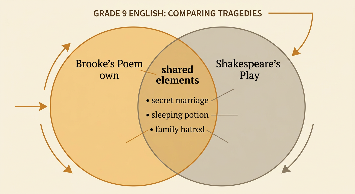 A Venn diagram places major details shared by Brooke’s poem and Shakespeare’s play in the overlapping center.