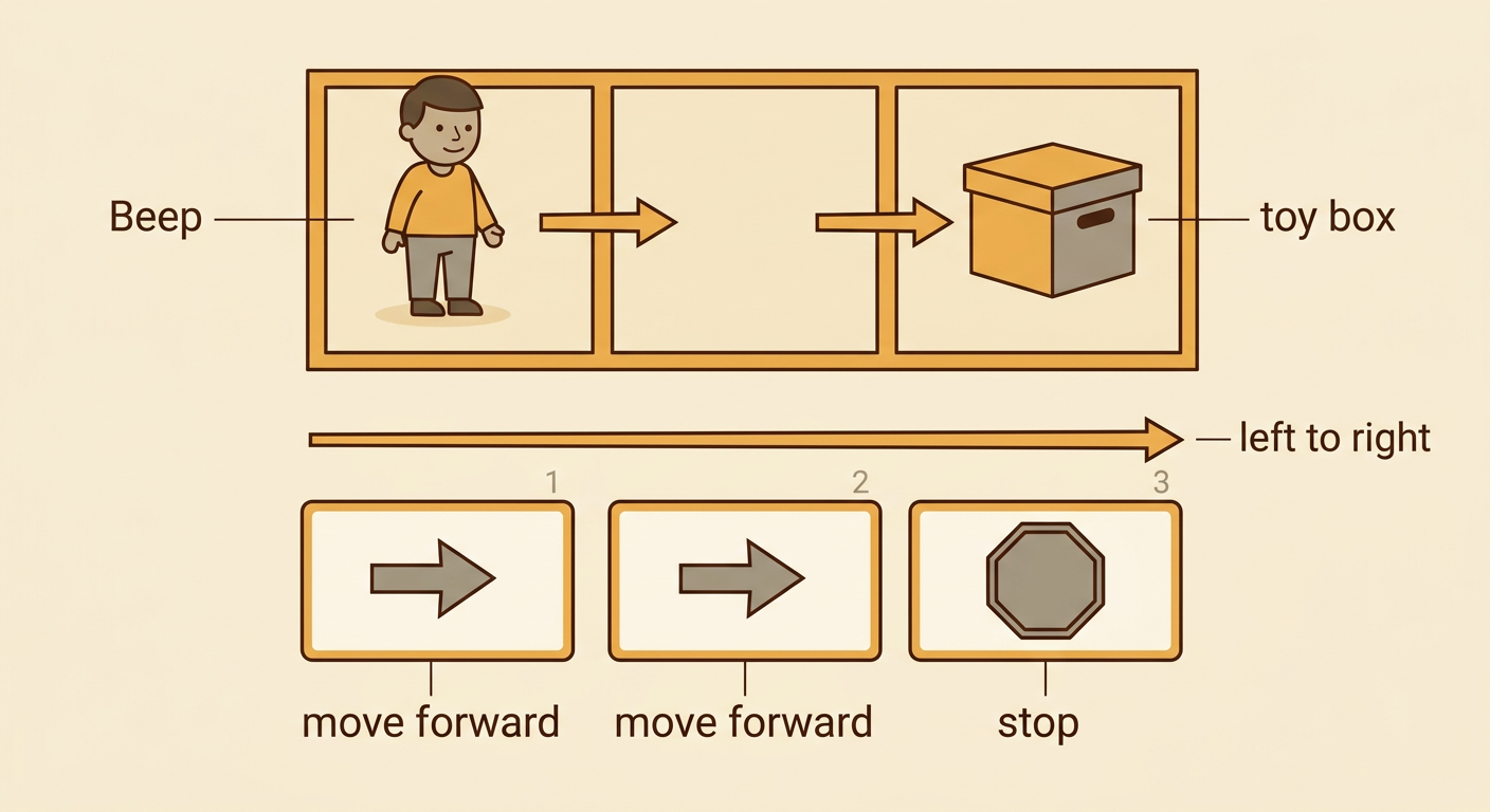 Beep faces a toy box two squares away while three picture cards are arranged from left to right.