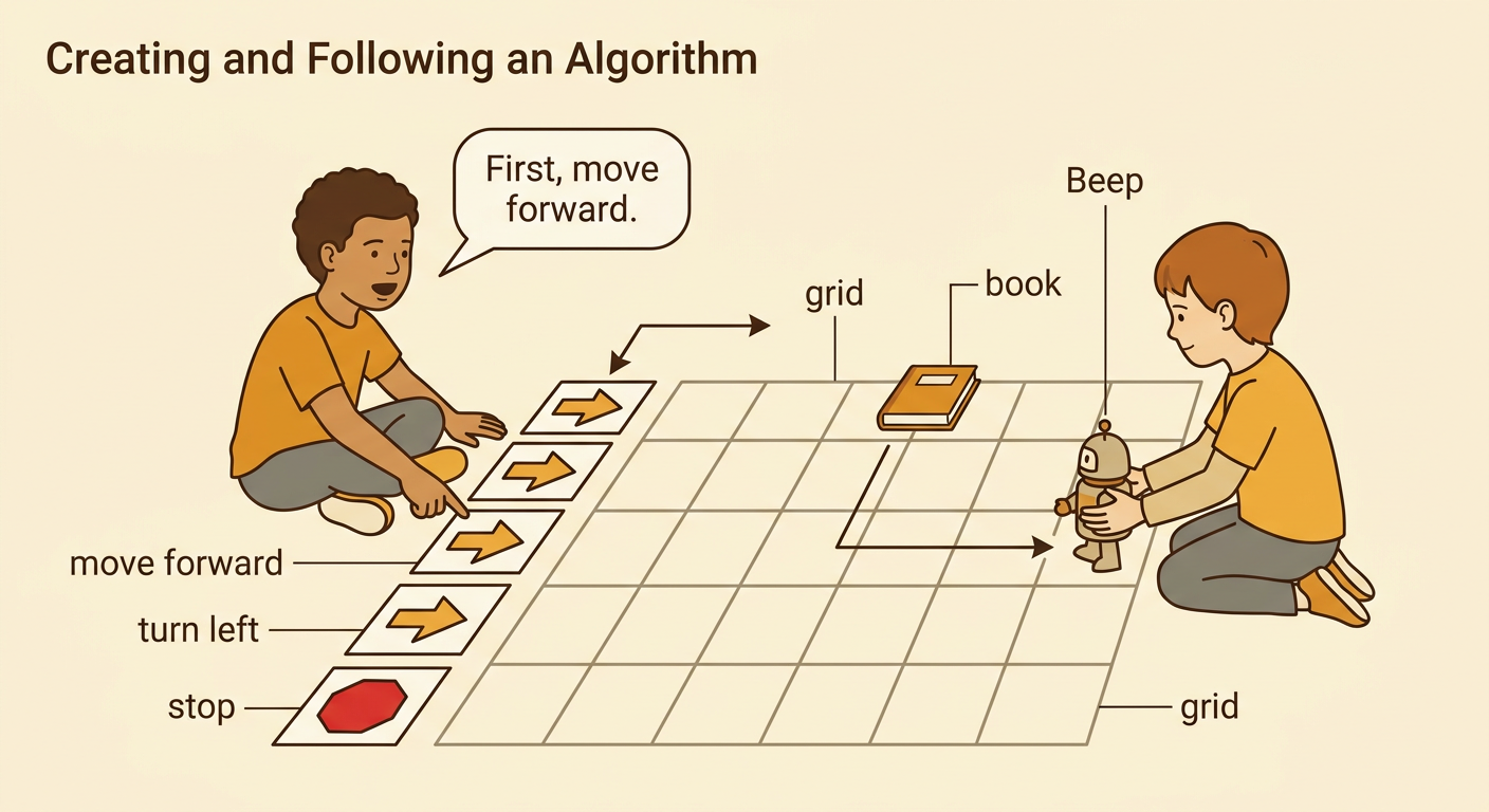 Two children use ordered picture cards to guide Beep across a grid to a book.