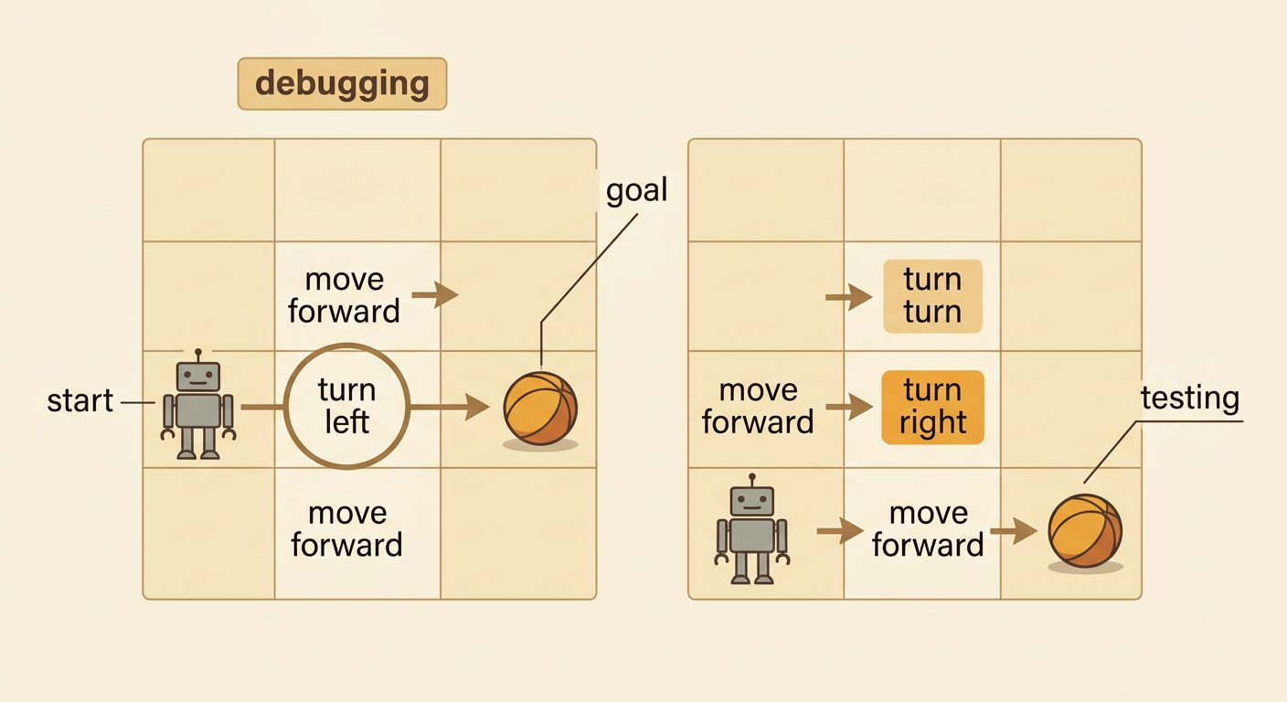 Two card paths show Beep turning away from the goal and then reaching it after one card is fixed.