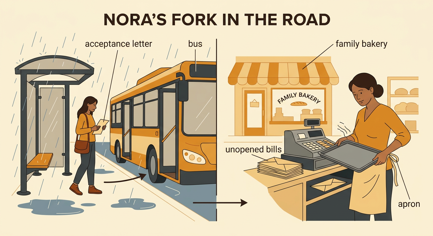 Nora stands between an open bus and the family bakery while holding an acceptance letter and looking toward her struggling mother.