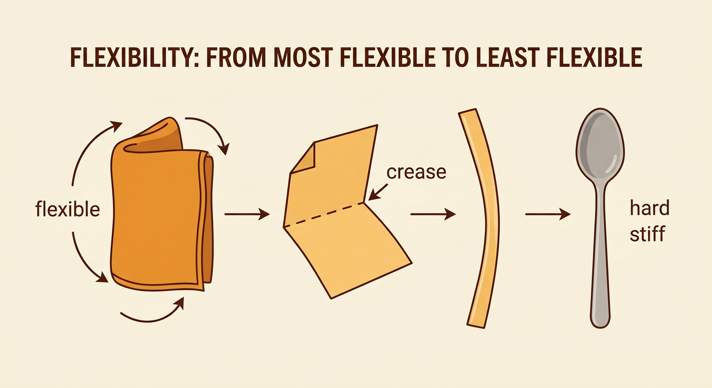 Safe samples are shown in a bending test, with folded fabric, creased paper, slightly bent thin plastic, and an unchanged metal spoon.