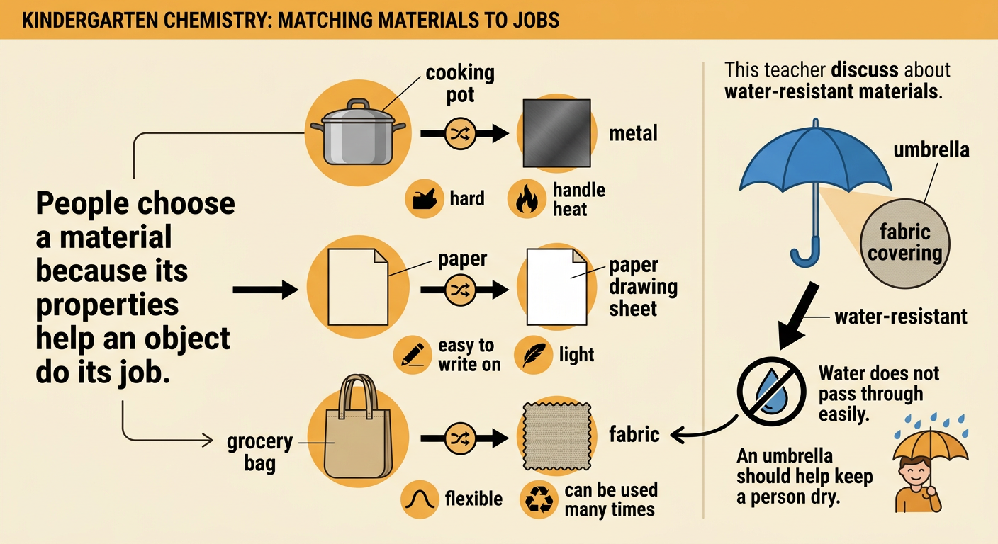 An umbrella, a metal cooking pot, and three grocery bags are matched with pictures of their useful material properties.