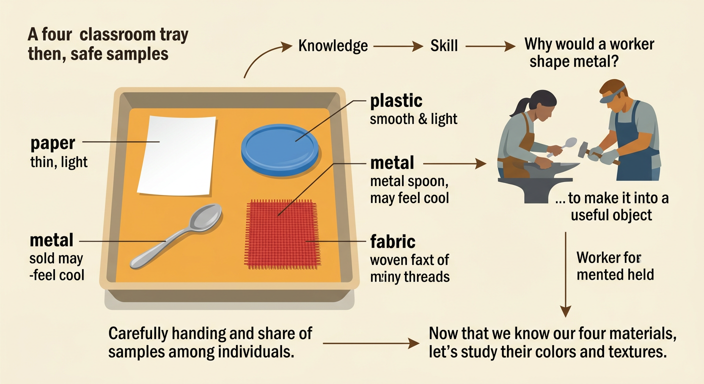 Four safe samples sit side by side: a sheet of paper, a plastic lid, a metal spoon, and a square of fabric.