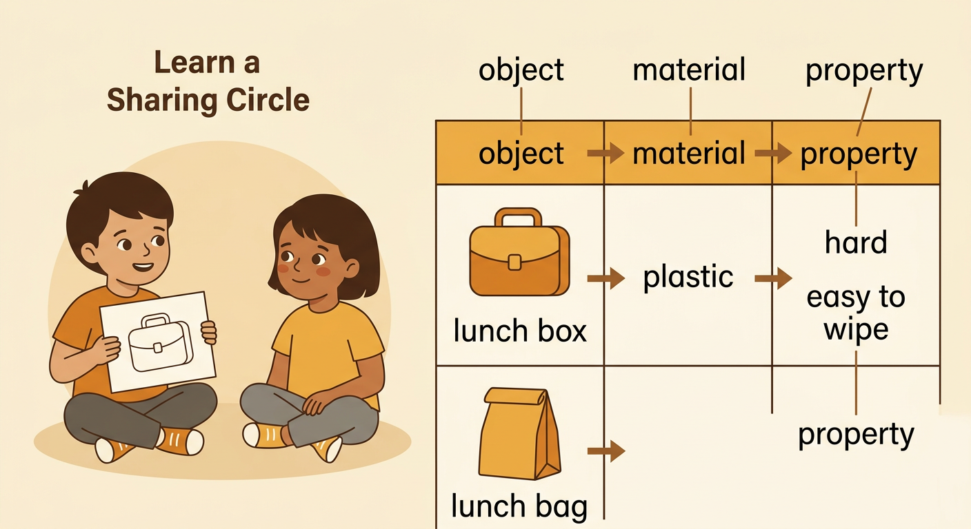 A simple class chart shows a plastic lunch box and a fabric lunch bag organized by object, material, and property.